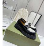 Gucci Women GG Interlocking G Chain Loafer Black White Leather Lug Rubber Sole Flat - Image 2