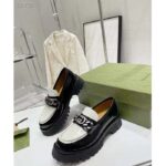 Gucci Women GG Interlocking G Chain Loafer Black White Leather Lug Rubber Sole Flat - Image 4