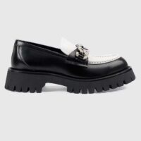 Gucci Women GG Interlocking G Chain Loafer Black White Leather Lug Rubber Sole Flat (4)