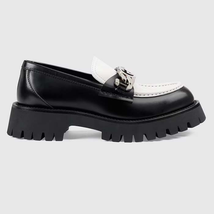 Gucci Women GG Interlocking G Chain Loafer Black White Leather Lug Rubber Sole Flat