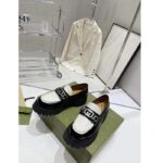 Gucci Women GG Interlocking G Chain Loafer Black White Leather Lug Rubber Sole Flat - Image 5
