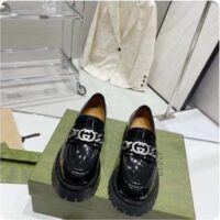 Gucci Women GG Interlocking G Lug Sole Loafer Black Leather Rubber Flat 1.5 CM Heel (8)