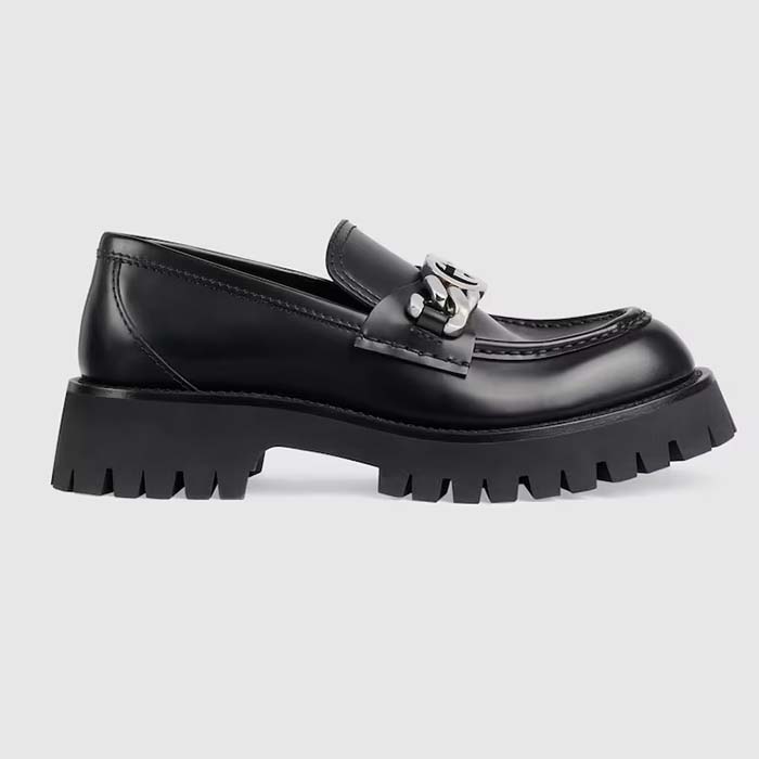 Gucci Women GG Interlocking G Lug Sole Loafer Black Leather Rubber Flat 1.5 CM Heel