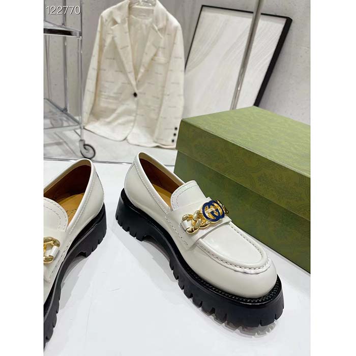 Gucci Women GG Interlocking G Lug Sole Loafer White Leather Rubber Flat 1.5 CM Heel (10)