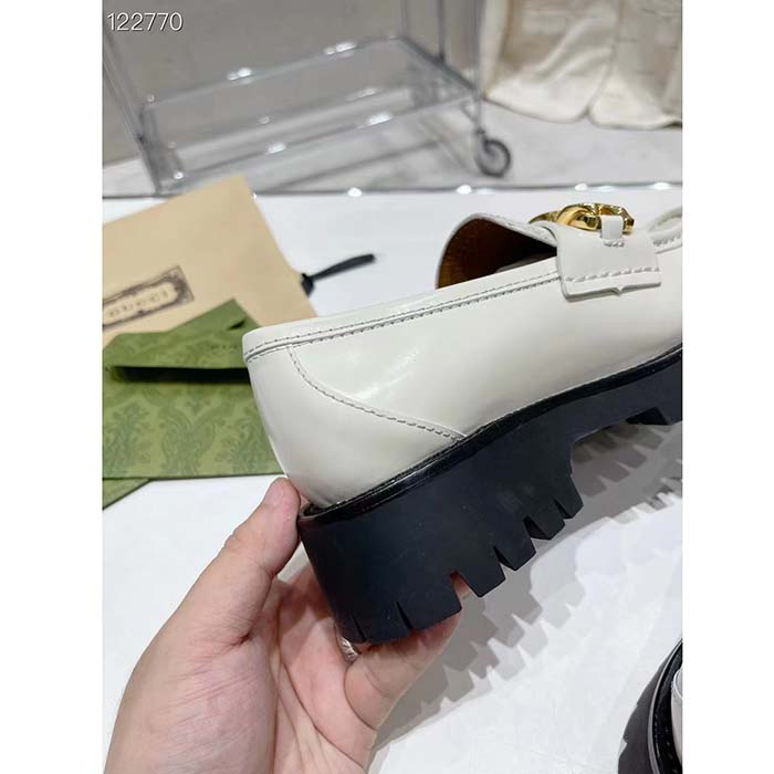 Gucci Women GG Interlocking G Lug Sole Loafer White Leather Rubber Flat 1.5 CM Heel (11)