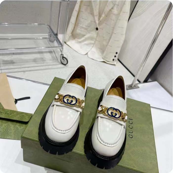 Gucci Women GG Interlocking G Lug Sole Loafer White Leather Rubber Flat 1.5 CM Heel (2)