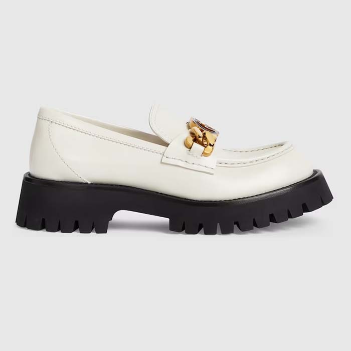 Gucci Women GG Interlocking G Lug Sole Loafer White Leather Rubber Flat 1.5 CM Heel