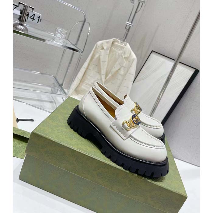 Gucci Women GG Interlocking G Lug Sole Loafer White Leather Rubber Flat 1.5 CM Heel (5)