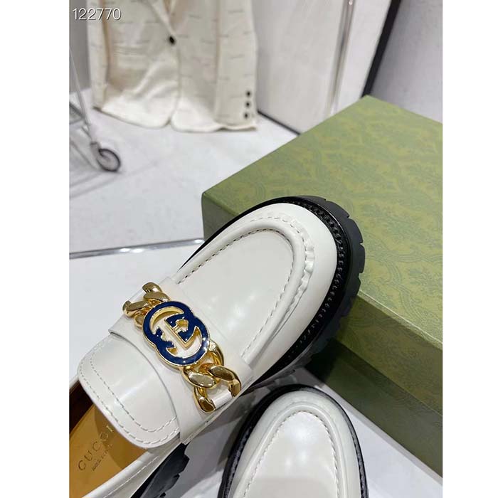 Gucci Women GG Interlocking G Lug Sole Loafer White Leather Rubber Flat 1.5 CM Heel (8)