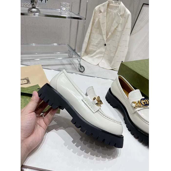 Gucci Women GG Interlocking G Lug Sole Loafer White Leather Rubber Flat 1.5 CM Heel (9)