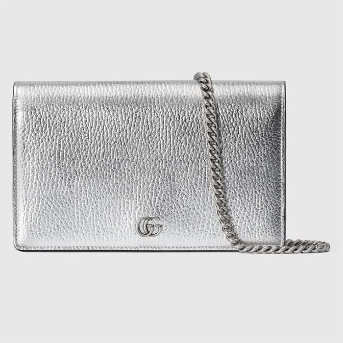 Gucci Women GG Marmont Mini Chain Bag Metallic Silver Leather Double G