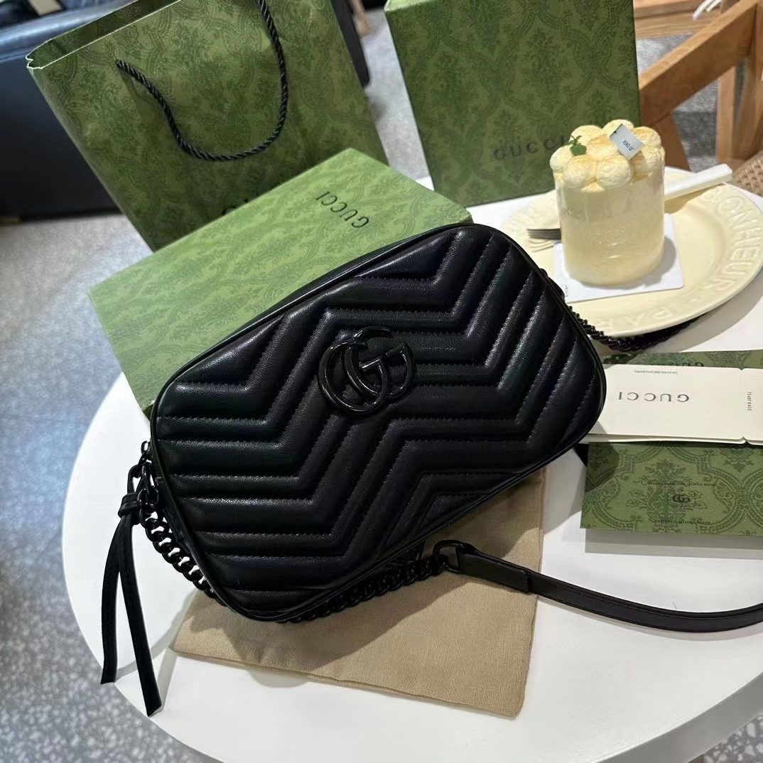 Gucci Women GG Marmont Mini Shoulder Bag Black Matelassé Chevron Leather (11)