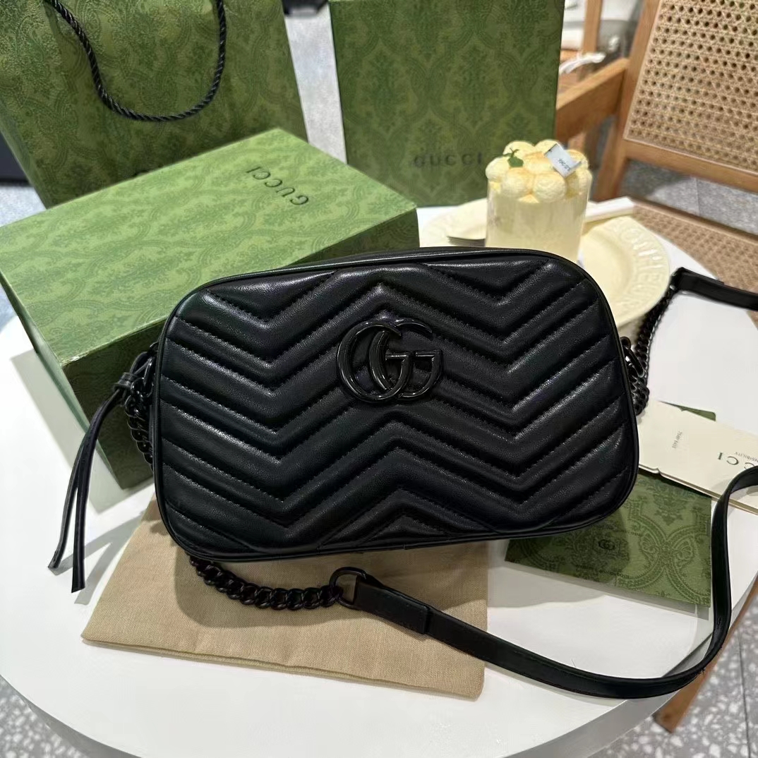 Gucci Women GG Marmont Mini Shoulder Bag Black Matelassé Chevron Leather (7)