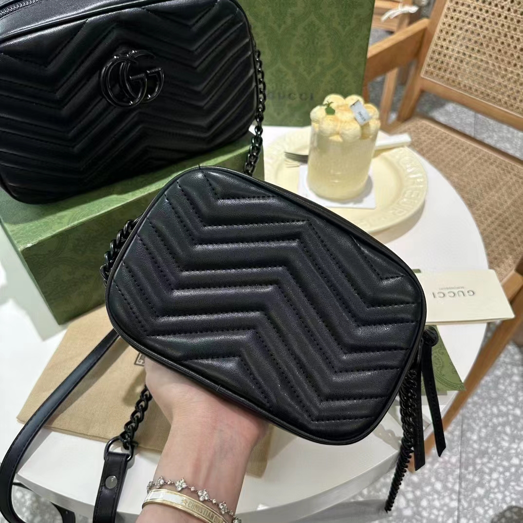 Gucci Women GG Marmont Mini Shoulder Bag Black Matelassé Chevron Leather (9)