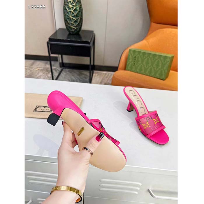 Gucci Women GG Mid Heel Slide Sandal Fuchsia GG Crystal Mesh 7.4 CM Heel (10)