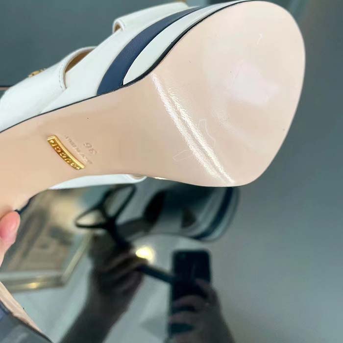 Gucci Women GG Platform Sandal Off White Blue Navy Leather High 13 CM Heel (1)