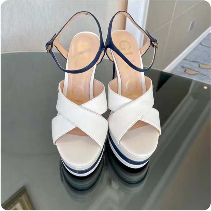 Gucci Women GG Platform Sandal Off White Blue Navy Leather High 13 CM Heel (10)