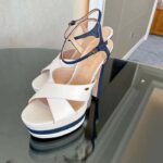 Gucci Women GG Platform Sandal Off White Blue Navy Leather High 13 CM Heel - Image 5