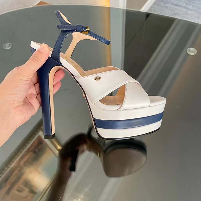 Gucci Women GG Platform Sandal Off White Blue Navy Leather High 13 CM Heel (3)