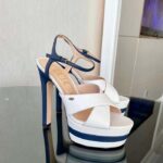 Gucci Women GG Platform Sandal Off White Blue Navy Leather High 13 CM Heel - Image 7
