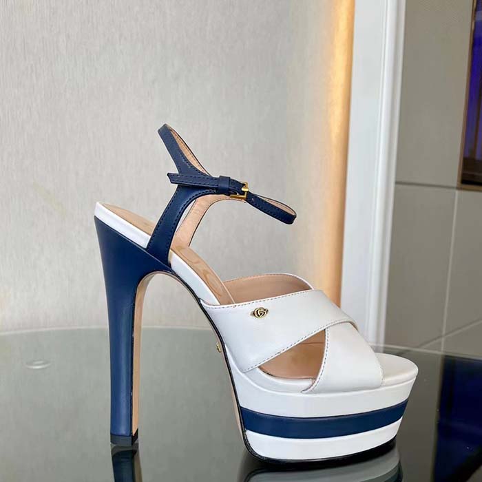 Gucci Women GG Platform Sandal Off White Blue Navy Leather High 13 CM Heel (5)