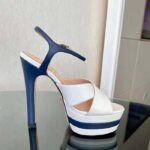 Gucci Women GG Platform Sandal Off White Blue Navy Leather High 13 CM Heel - Image 3