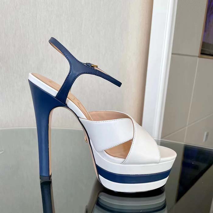 Gucci Women GG Platform Sandal Off White Blue Navy Leather High 13 CM Heel (6)