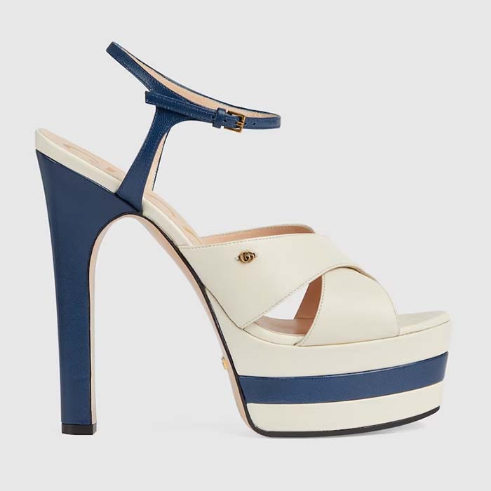 Gucci Women GG Platform Sandal Off White Blue Navy Leather High 13 CM Heel