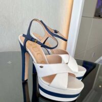 Gucci Women GG Platform Sandal Off White Blue Navy Leather High 13 CM Heel (8)