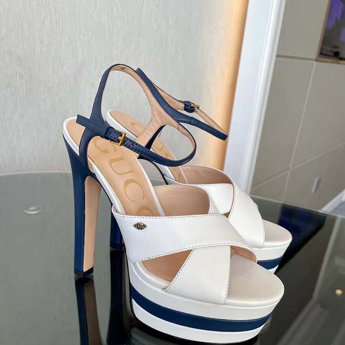 Gucci Women GG Platform Sandal Off White Blue Navy Leather High 13 CM Heel (9)