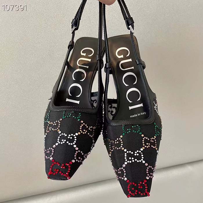 Gucci Women GG Slingback Pump Black GG Crystal Mesh Leather Mid 7.6 cm Heel (1)