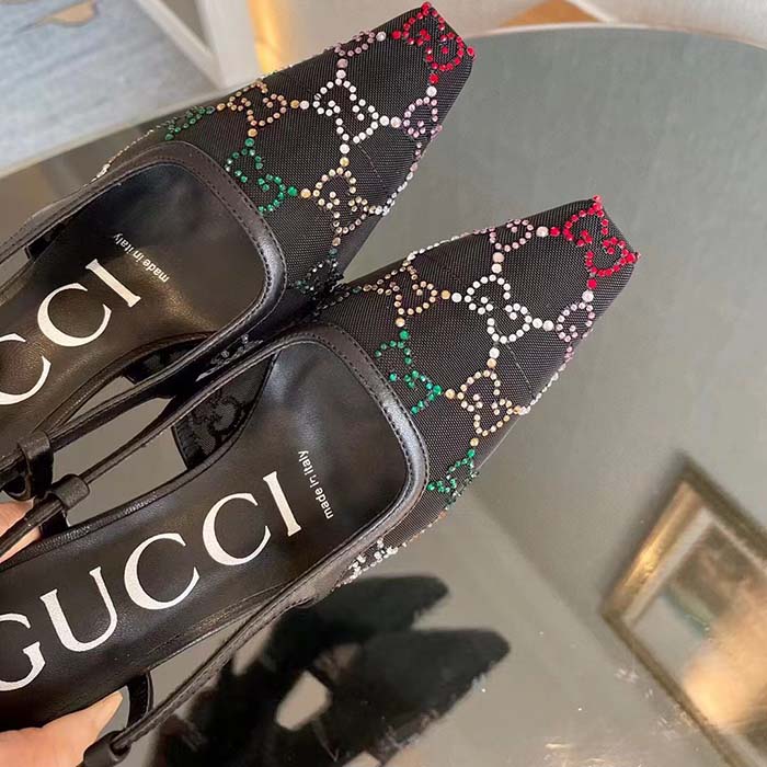 Gucci Women GG Slingback Pump Black GG Crystal Mesh Leather Mid 7.6 cm Heel (11)
