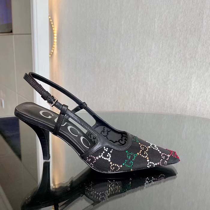 Gucci Women GG Slingback Pump Black GG Crystal Mesh Leather Mid 7.6 cm Heel (5)