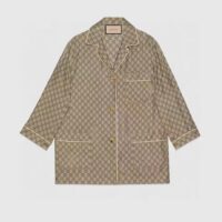 Gucci Women GG Supreme Print Beige Ebony Silk Piped Notch Collar Long Sleeves