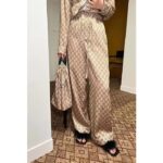 Gucci Women GG Supreme Silk Pant Beige Ebony Piped Unlined Elastic Waist Two Side Pockets Wide Leg - Image 10