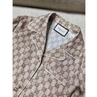 Gucci Women GG Supreme Print Beige Ebony Silk Piped Notch Collar Long Sleeves (10)