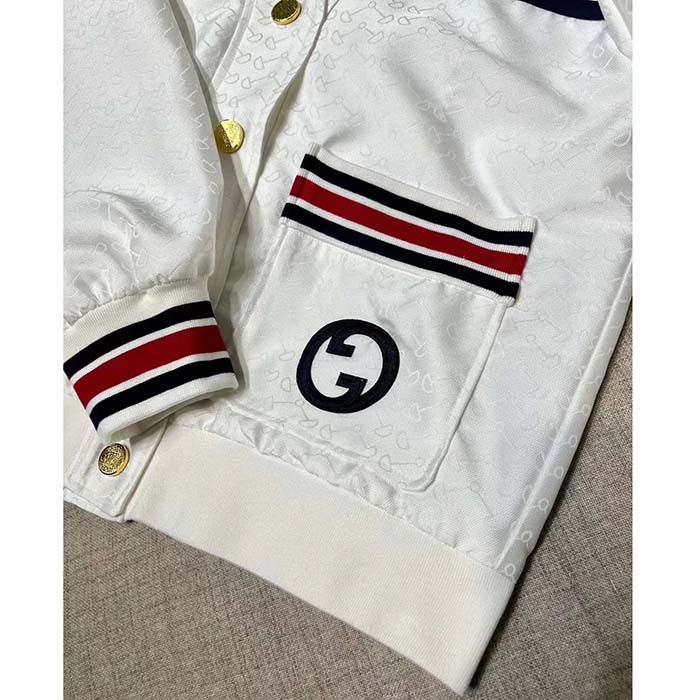 Gucci Women GG Technical Jersey Cardigan Web White V-Neck Dropped Shoulder Long Sleeves (11)