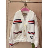 Gucci Women GG Technical Jersey Cardigan Web White V-Neck Dropped Shoulder Long Sleeves (8)