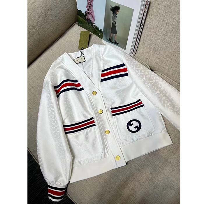 Gucci Women GG Technical Jersey Cardigan Web White V-Neck Dropped Shoulder Long Sleeves (7)