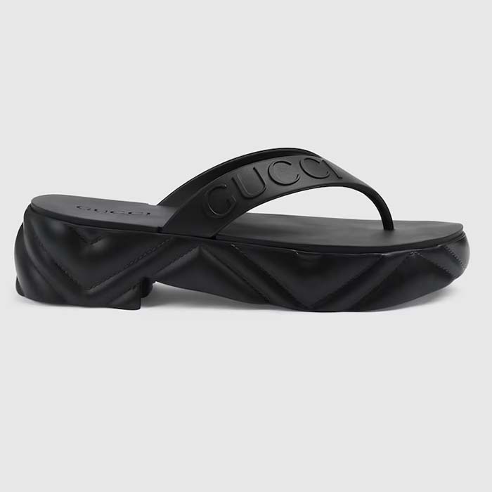 Gucci Women GG Thong Platform Slide Sandal Black Rubber Mid 5 CM Heel