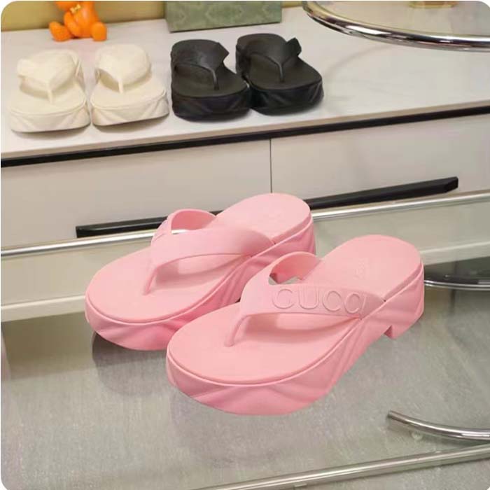 Gucci Women GG Thong Platform Slide Sandal Pink Rubber Mid 5 CM Heel (10)