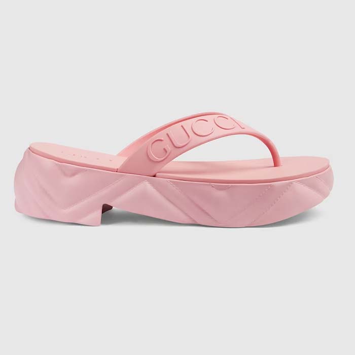 Gucci Women GG Thong Platform Slide Sandal Pink Rubber Mid 5 CM Heel