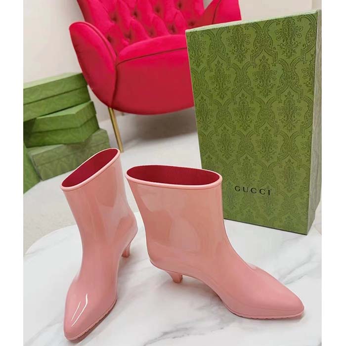 Gucci Women Interlocking G Ankle Boot Pink Shiny Rubber Matte Point Toe Low-Heel (1)