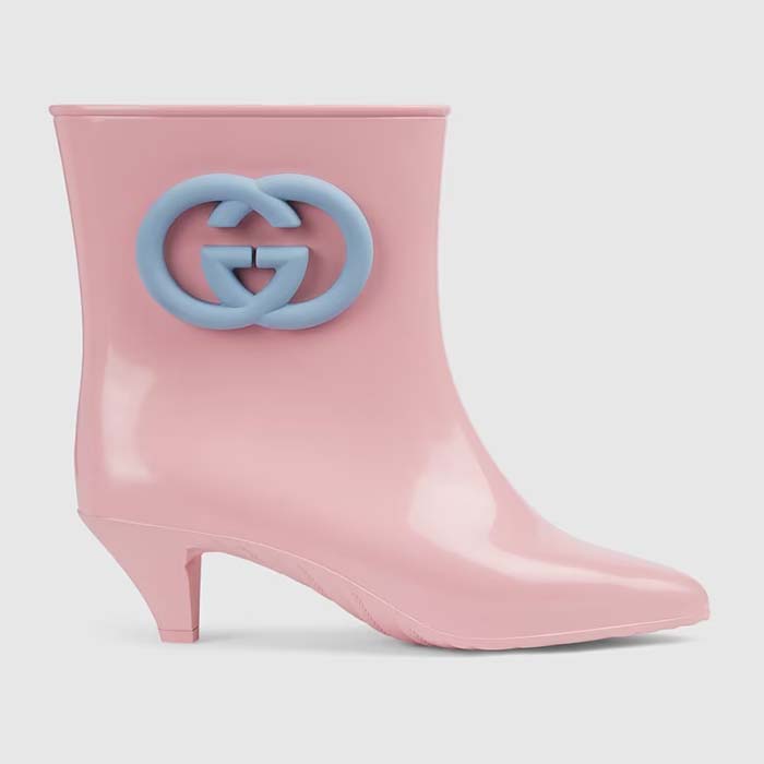 Gucci Women Interlocking G Ankle Boot Pink Shiny Rubber Matte Point Toe Low-Heel
