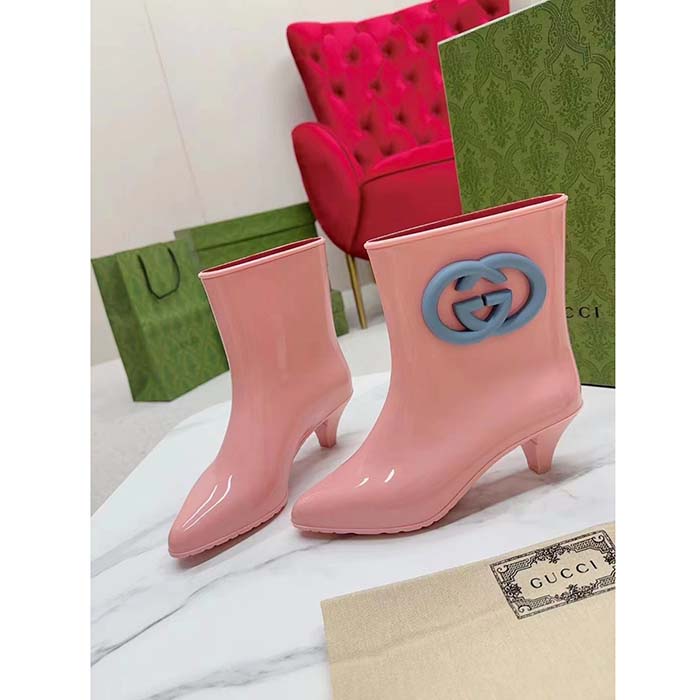 Gucci Women Interlocking G Ankle Boot Pink Shiny Rubber Matte Point Toe Low-Heel (4)