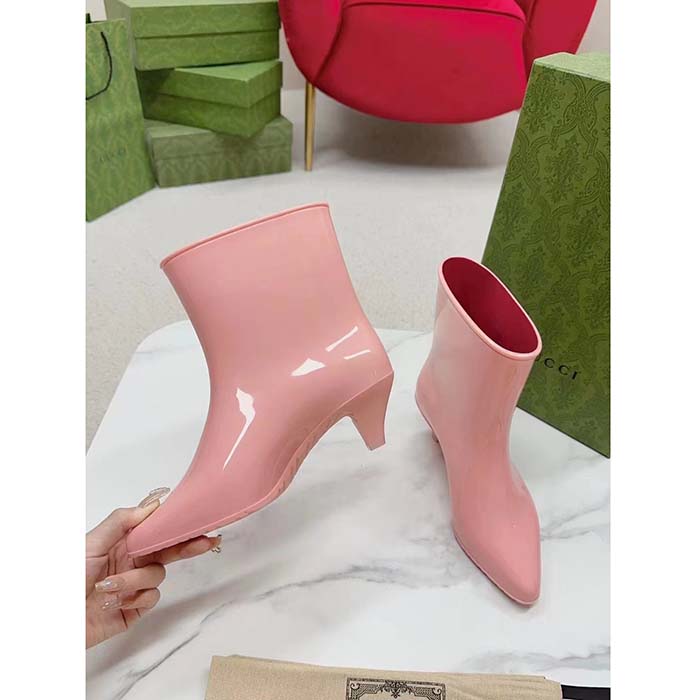 Gucci Women Interlocking G Ankle Boot Pink Shiny Rubber Matte Point Toe Low-Heel (5)