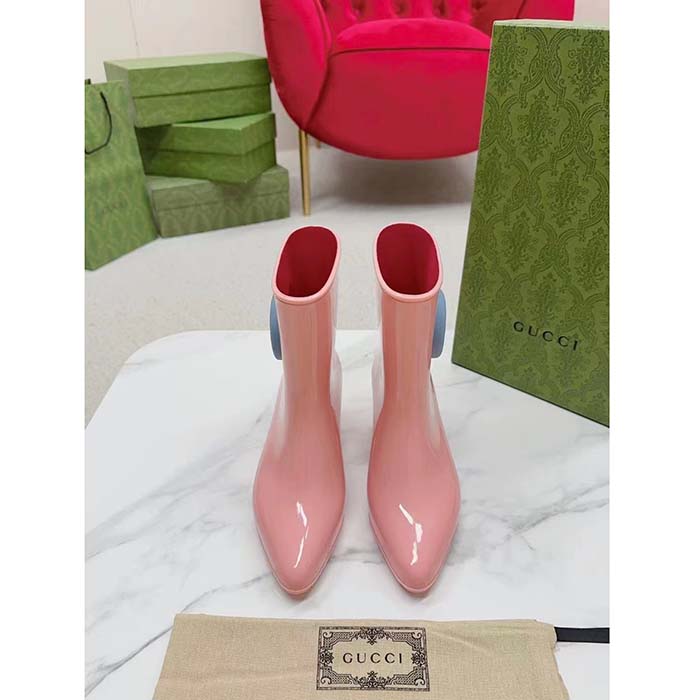 Gucci Women Interlocking G Ankle Boot Pink Shiny Rubber Matte Point Toe Low-Heel (6)