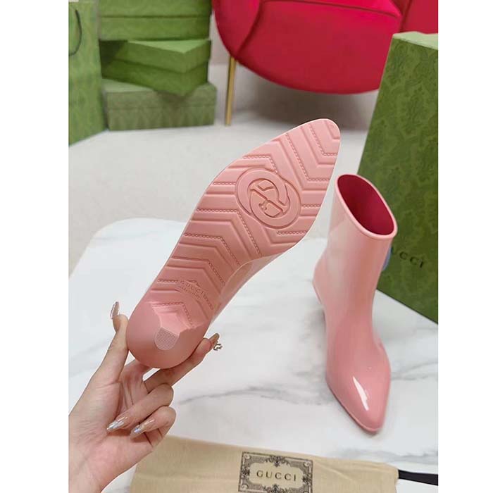 Gucci Women Interlocking G Ankle Boot Pink Shiny Rubber Matte Point Toe Low-Heel (7)