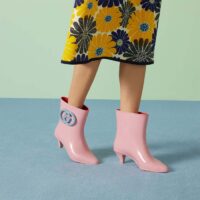 Gucci Women Interlocking G Ankle Boot Pink Shiny Rubber Matte Point Toe Low-Heel (11)