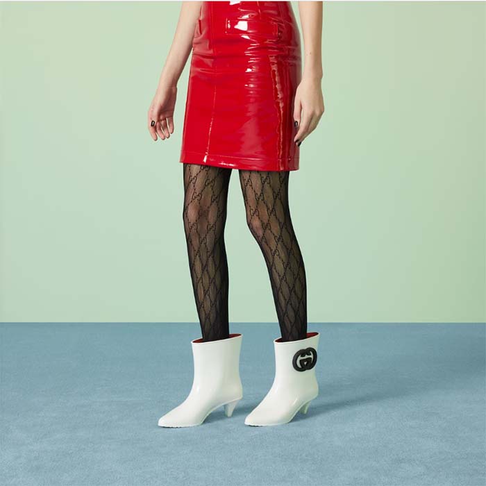 Gucci Women Interlocking G Ankle Boot White Shiny Rubber Matte Point Toe Low-Heel (1)